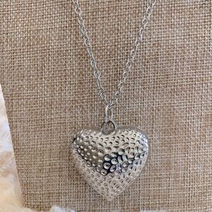 Hammered Heart Pendant Silver Tone Long Necklace